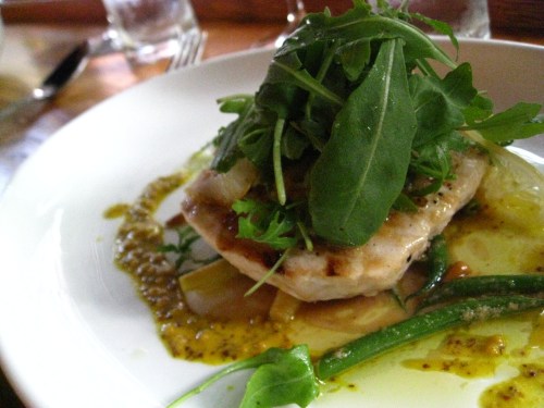 Grilled Swordfish, Summer Beans, Mustard and Pine Nuts