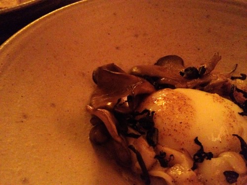 Soft poached egg, scallop, hen of the woods mushroom, cauliflower puree