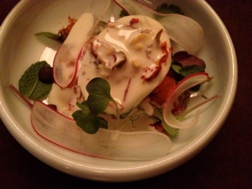 King salmon 7-min deviled egg with pickled radish and horseradish creme fraiche